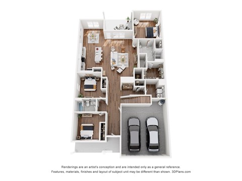 A 3D floor plan of a house with two bedrooms, a living room, a kitchen, a dining room, and two parking spaces.